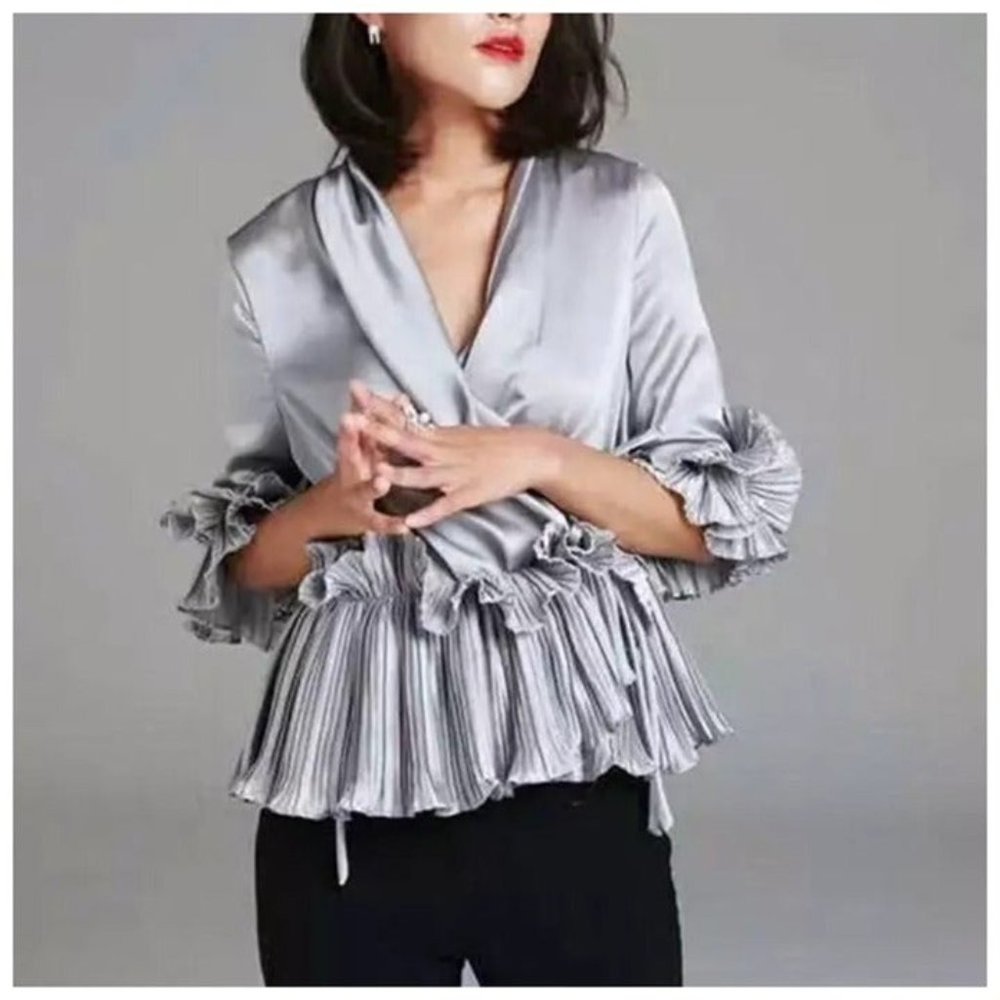 Pleated Silver Ruffle Wrap Top Small
